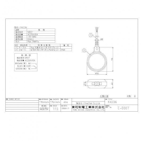 東和制電工業 ケーブルフロートスイッチ FACC06 1個...