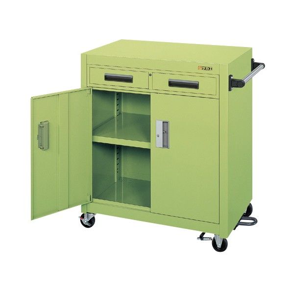 パネルワゴン PKWタイプ フットブレーキ付 天板フラット型 引出し付 サカエグリーン PKW-7ABR 1