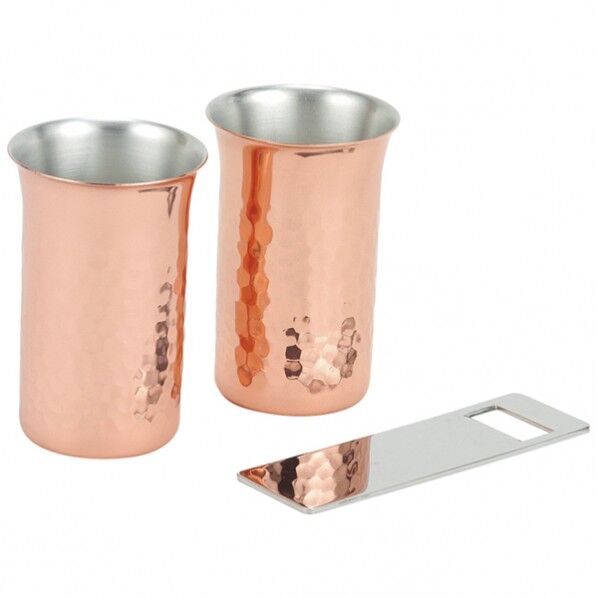 純銅鎚目一口ビール・栓抜き3PCセット 一口ビール径58×90mm、栓抜き38×110 1つ