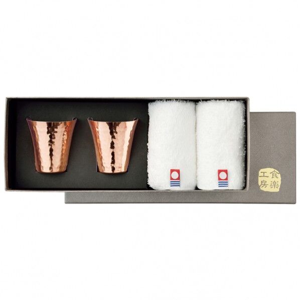 純銅冷酒カップ&今治タオル4PCセット 冷酒カップ径52×54mm、タオル径250×250mm 1つ