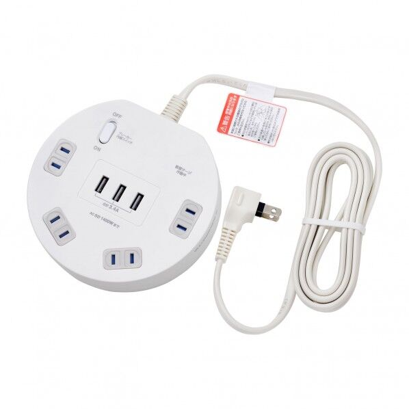 朝日電器 丸形 電源タップ 集中スイッチ AC4個口 USB-A×3 雷ガード WLS-LS402RUSB(W) 1個