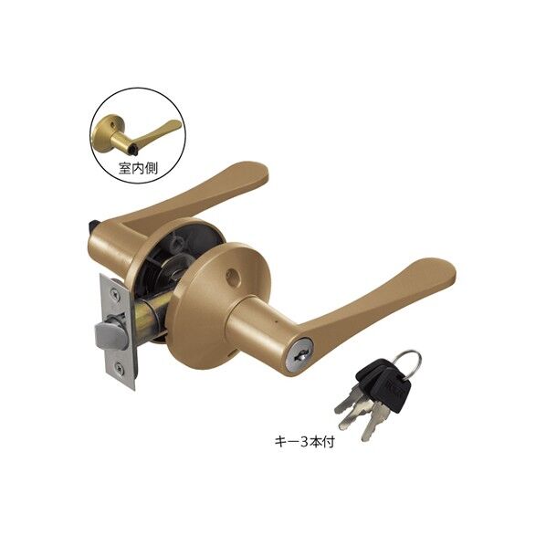マツ六 リフォーム用レバーハンドル錠 鍵付間仕切錠(鍵付個室用) レバー錠 ゴールド色 7010172 1個...