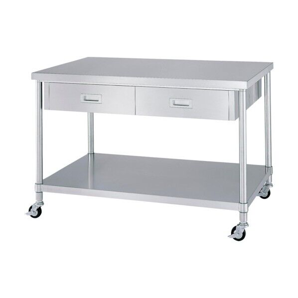 ステンレス作業台両面引出付ベタ棚キャスター付 1200×750×高さ800 WDWBC-12075-U75 1点