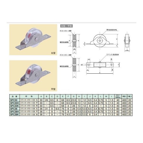ヤボシ ステンカーボネート戸車 30mm 丸 SPC30 20個...