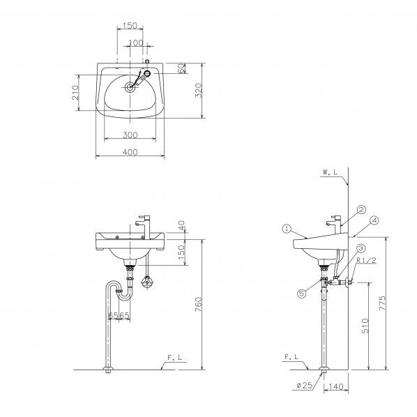 アサヒ衛陶 平付手洗器セット(Sトラップ仕様) L250DS17SET 1点