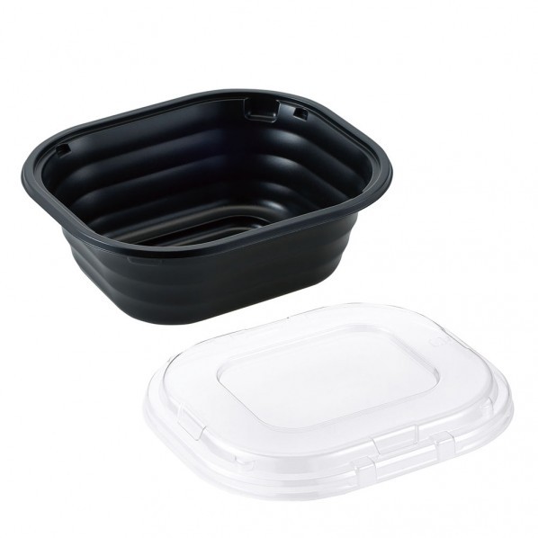 夢彩ごぜん 長角丼 本体黒/嵌合蓋透明(50S)