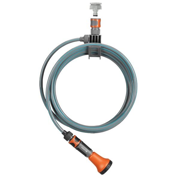 テラススパイラルホース 7.5m 一体型ホース ブラケットと散水ソフトスプレーノズル付き オレンジ/グレー 18411-20 1点