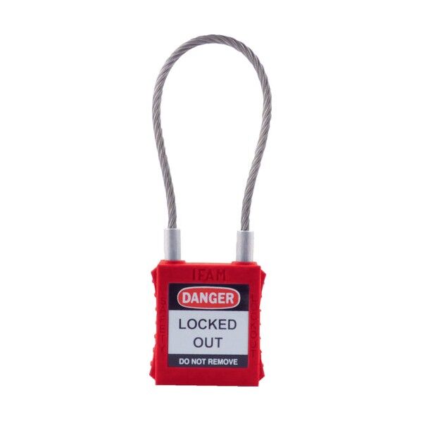 ロックアウト用南京錠 スチールケーブル製シャックル 赤 44950 1点