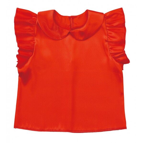 ソフトサテン 丸襟付フリフリシャツ 赤