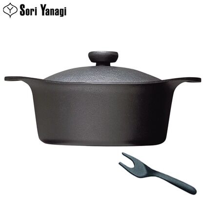 南部鉄器　両手鍋　深型　鉄蓋・ハンドル付き　22cm 1点