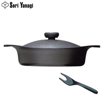 南部鉄器 両手鍋 浅型 鉄蓋付き・ハンドル付き 22cm 1点