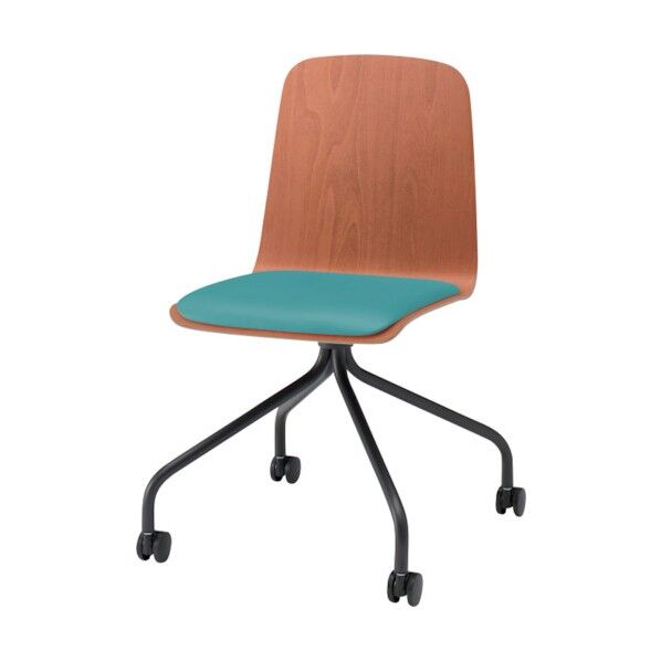 ノットワーク背座一体キャスターチェア座パット付 背座ラスティックビーチM・脚サテンブラック・ウレタンレザーターコイズブルー KLL-125DK-TTS4 1点