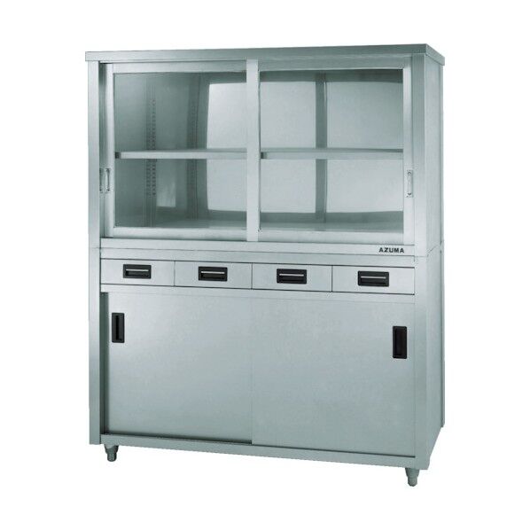 二段式ステン保管庫片面引出し上部ガラス引違戸