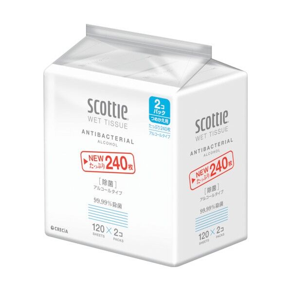 スコッティ ウェットティシュー除菌 アルコールタイプ 120枚詰替え用2個パック【単位:PK】 77019 240枚