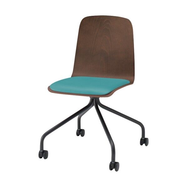 ノットワーク背座一体キャスターチェア座パット付 背座ラスティックビーチD・脚サテンブラック・ウレタンレザーターコイズブルー KLL-125DK-TNS4 1点