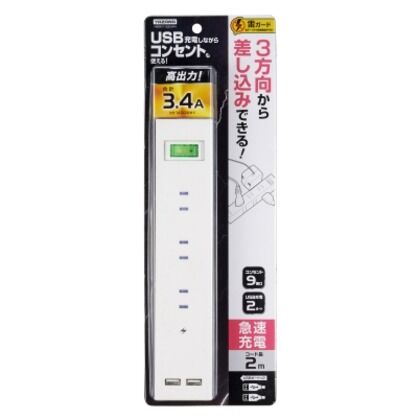 集中スイッチ付9個口タップ+USB2ポート ホワイト (W)47×(H)230×(D)31mm H6BK11122UWH 1