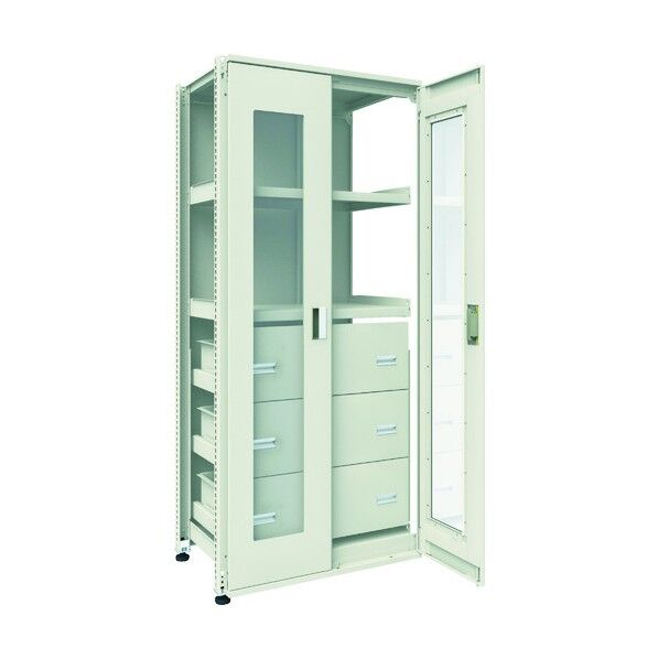 M3型中量ボルトレス棚 パネル・扉付 連結型両開きアクリル扉引出し3段付