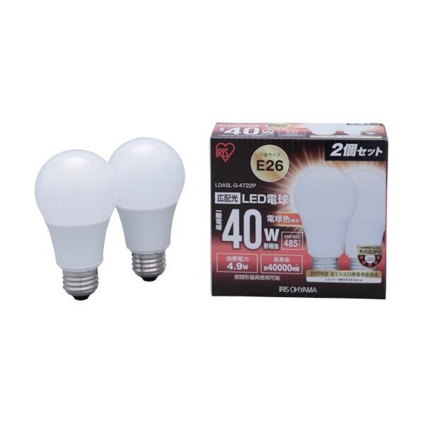ＬＥＤ電球Ｅ２６４８５ｌｍ広配光電球色２個セット LDA5L-G-4T22P 2個
