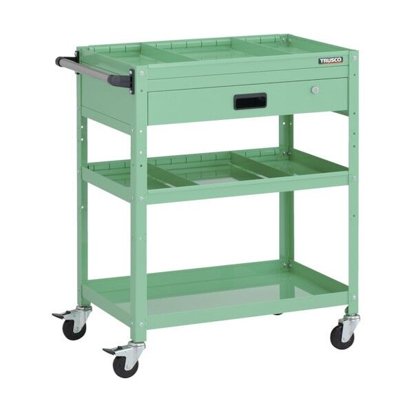 ラビットワゴン 700X450XH880 3段 1段引出付 仕切板2段付 ハンドル付 ゴム車輪 ヤンググリーン RBW-973S2VH YG 1点