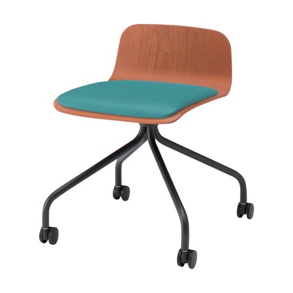 ノットワークローバックキャスターチェア座パッド付 背座ラスティックビーチM・脚サテンブラック・ウレタンレザーターコイズブルー KLL-225DK-TTS4 1点