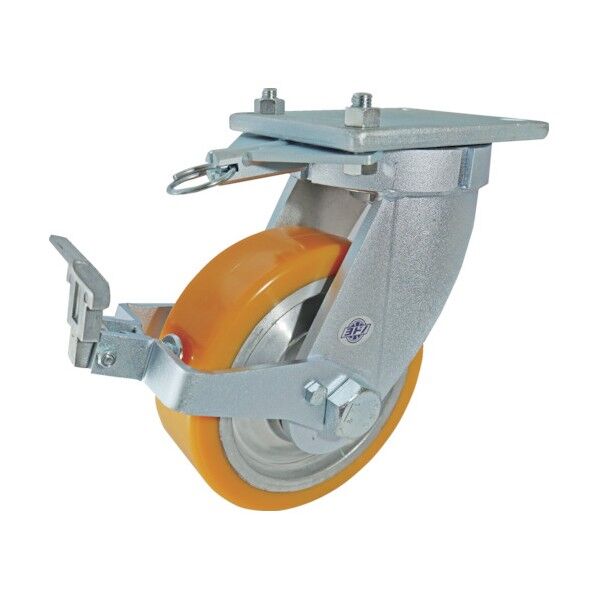 プレート式重荷重用キャスター(アルミダイキャストホイールウレタン社) 自在ストッパー付(旋回ロック付)