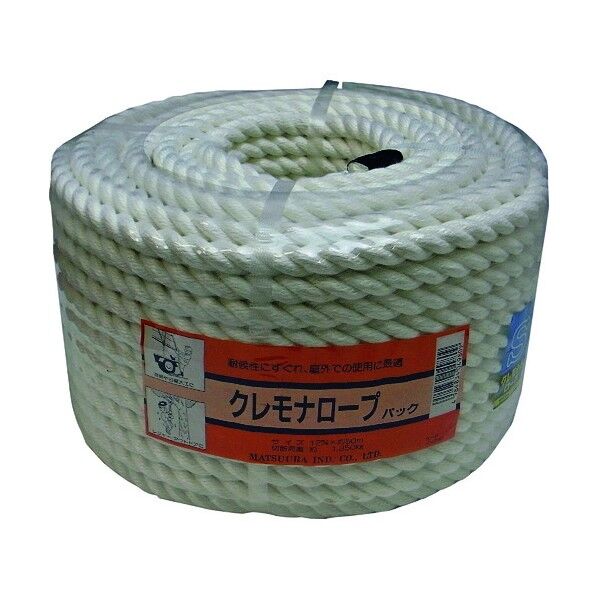 クレモナSロープ(3打ち)丸巻パック 白 12mm×50m KMS-R1250P 1巻