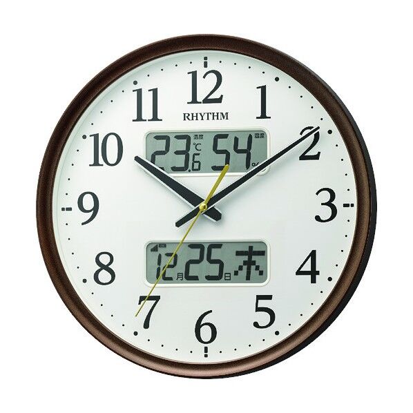 リズム 電波 壁掛け時計 温湿度計付き カレンダー 連続秒針 ブラウン φ350x52 茶メタリック 8FYA03SR06 1個
