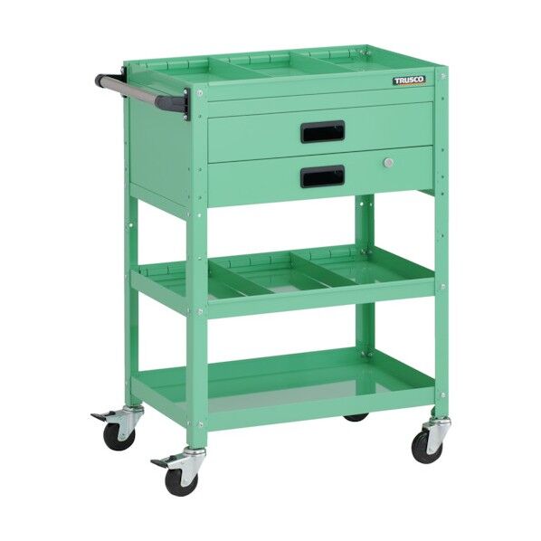 ラビットワゴン 600X400XH880 3段 2段引出付 仕切板2段付 ハンドル付 ゴム車輪 ヤンググリーン RBW-963S2XH YG 1点