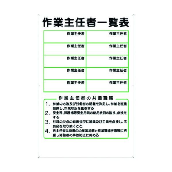 掲示板 作業主任者一覧表 SCボード製 89-S 1点