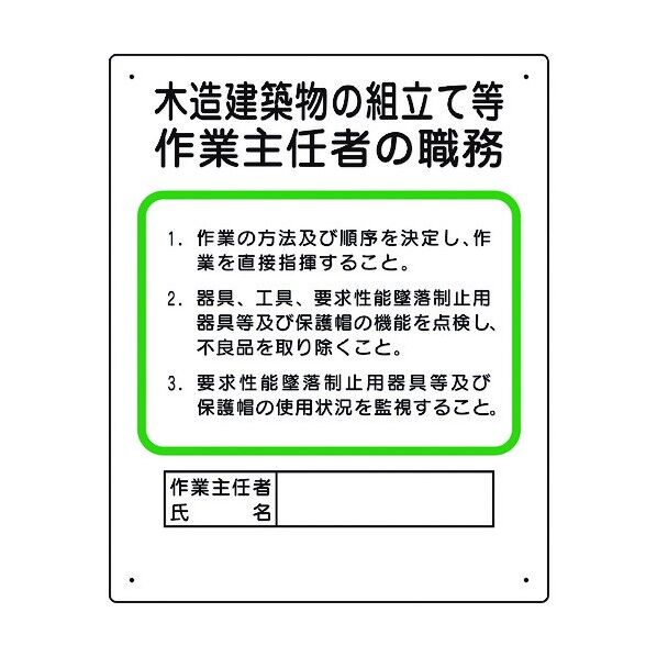 ユニット 作業主任者職務板 木造建築物の組立て等 356-25A 1個