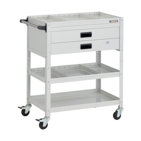 ラビットワゴン 700X450XH880 3段 2段引出付 仕切板2段付 ハンドル付 ゴム車輪 ホワイト RBW-973S2XH W 1点