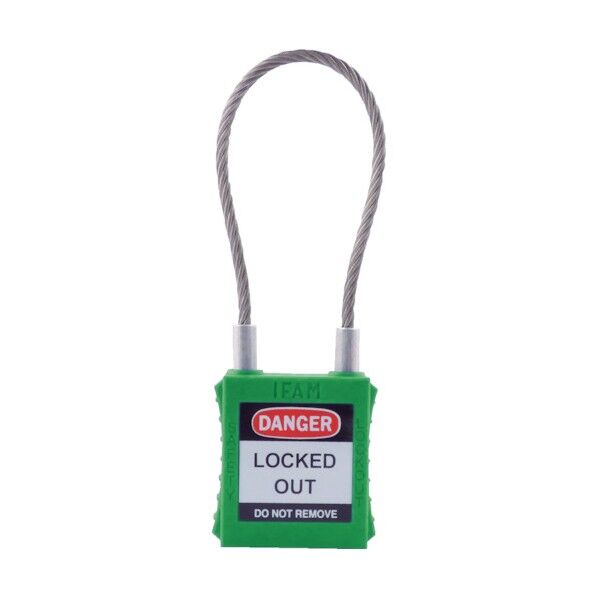 ロックアウト用南京錠 スチールケーブル製シャックル 緑 44953 1点
