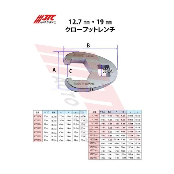 JTC Auto Tools 19mmクローフットレンチ 38mm JTC1962 1個...