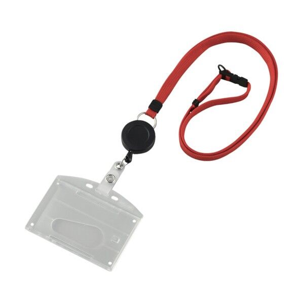 吊り下げ名札(リール式ストラップ)ハードケース 2枚収納式 吊名札346R クリア/赤 安全標識 300041 1個