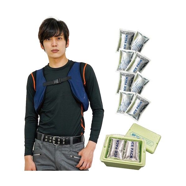 総メッシュクールベスト:メッシュベスト(反射材付)ネイビー+保冷剤8個入+保冷ボックス付 5901F-OK0912OK0911-8 1式