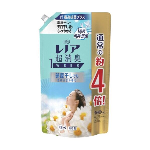 レノア 超消臭1week 柔軟剤 部屋干し おひさまの香り 詰め替え 超特大 1600ml 104465 1点