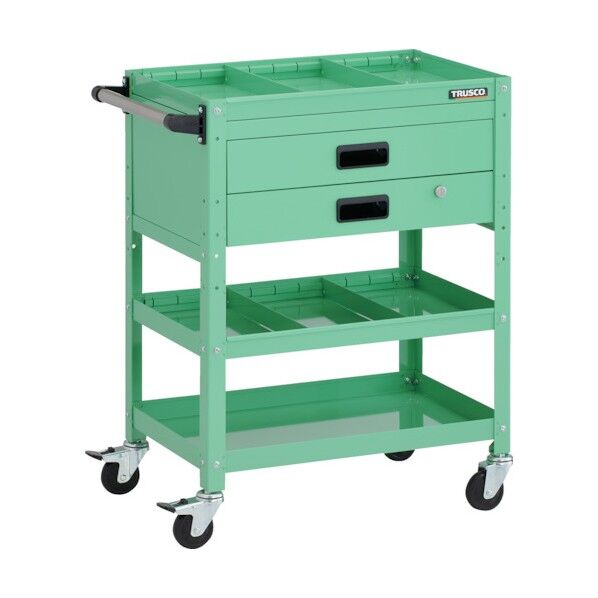 ラビットワゴン 600X400XH810 3段 2段引出付 仕切板2段付 ハンドル付 ゴム車輪 ヤンググリーン RBW-863S2XH YG 1点