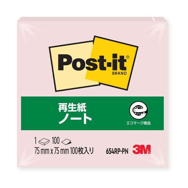 ポストイット再生紙ノート ピンク 654RP-PN 100枚