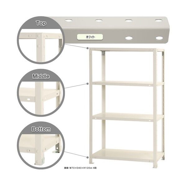 ボルト式棚 荷重40kg スマートラック 開放型 4段 ホワイト 700×450×1200 NSTR-447-4-W 1点