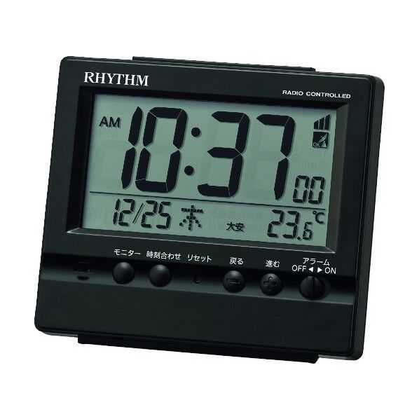 リズム 電波 目覚まし時計 温度計付き 黒