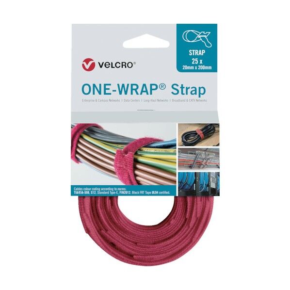 ヴェルクロ[[R上]] ONE-WRAP[[R上]] ストラップ 幅25mm×長さ300mm 赤 VEL-OW64805 25本