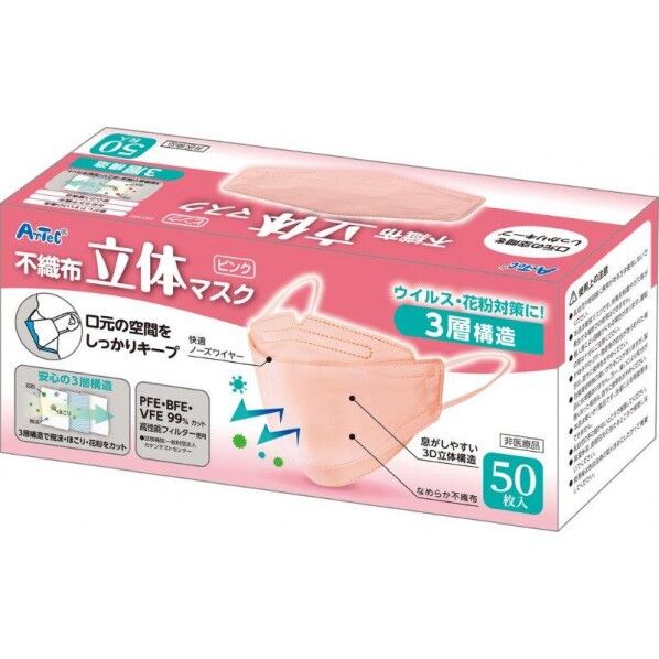 立体不織布カラーマスク(三層構造)(50枚入)ヒﾟンク