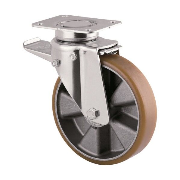 重荷重用高性能旋回キャスター(ポリウレタン車・メンテナンスフリー) 自在(トータルロック付)
