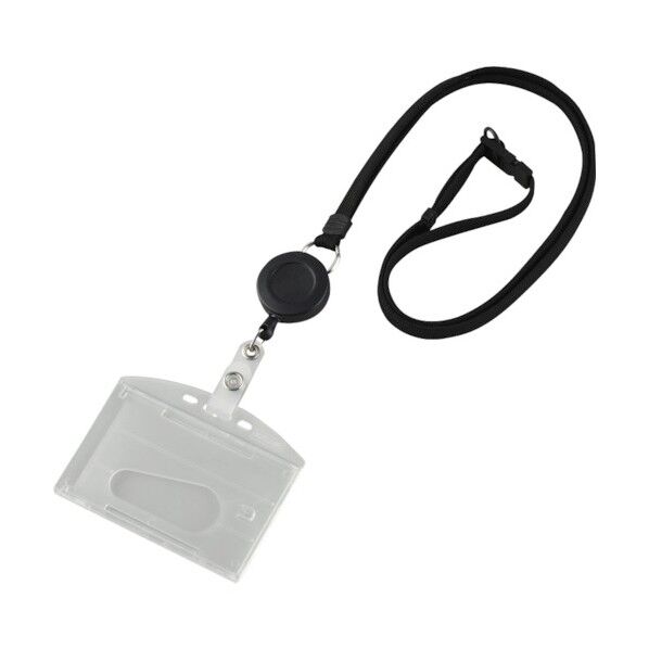 吊り下げ名札(リール式ストラップ)ハードケース 2枚収納式 吊名札346BK クリア/黒 安全標識 300043 1個