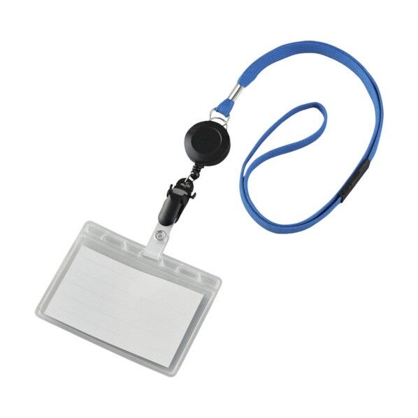吊り下げ名札(リール式ストラップ)ソフトケース 2枚収納式 NF‐418‐BL クリア/青 安全標識 301101 1個