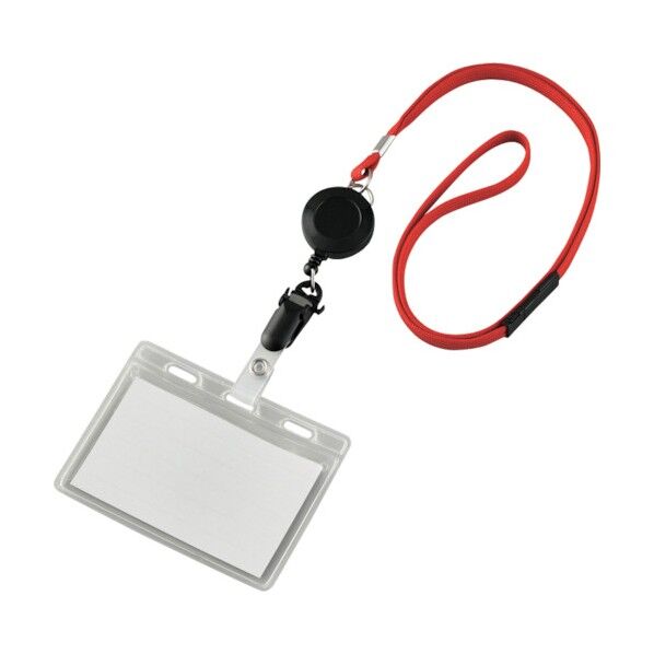 吊り下げ名札(リール式ストラップ)ソフトケース 2枚収納式 NF‐418‐R クリア/赤 安全標識 301102 1個