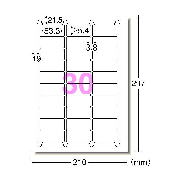 ラベルシール(プリンタ兼用)キレイにはがせる30面100シート入1PK ●規格:A4判 (210×297mm)_x000D_
●一片サイズ:53.3mm×25.4mm 31260 1PK