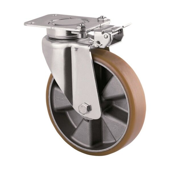 重荷重用高性能旋回キャスター(ポリウレタン車・メンテナンスフリー) 自在(方向ロック付)