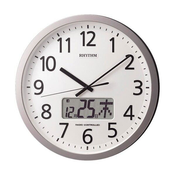 リズム 電波 壁掛け時計 最大24回/日 プログラムチャイム カレンダー付き シルバー φ350×66