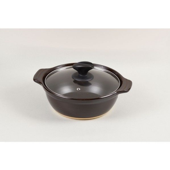 陶器製卓上鍋 ガラス蓋付 ブラウン 幅30×奥行23.5×高さ13.5cm ND-4171 1個